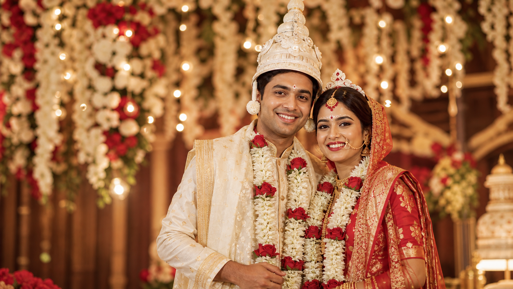 Happy Bengali bride and groom